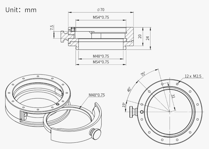 Dessin technique du porte-filtre et tiroir ZWO M54 II