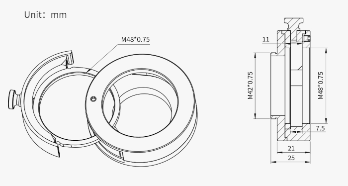 Dessin technique du porte-filtre et tiroir ZWO M42 II