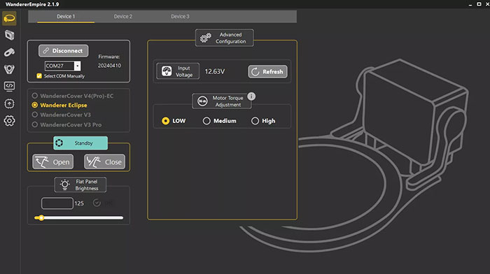 L'interface de commande du bouchon Eclipse dans le logiciel Wanderer Empire v2