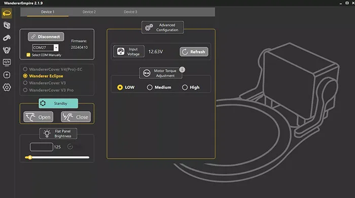 L'interface de commande du bouchon Eclipse dans le logiciel Wanderer Empire v2