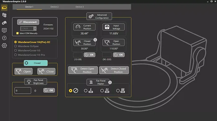 Ecran de contrôle de l'écran à flat WandererAstro V4 Pro-EC dans le logiciel Wanderer Empire V2