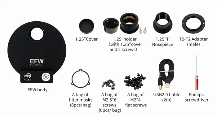 Elements livrés avec la roue à filtre ZWO EFW II 7x36mm ZWO-EFW-7x36-II-content.jpg