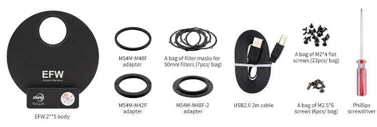 Elements livrés avec la roue à filtre ZWO EFW 5x50.8mm zwo_efw2_5_02.jpg