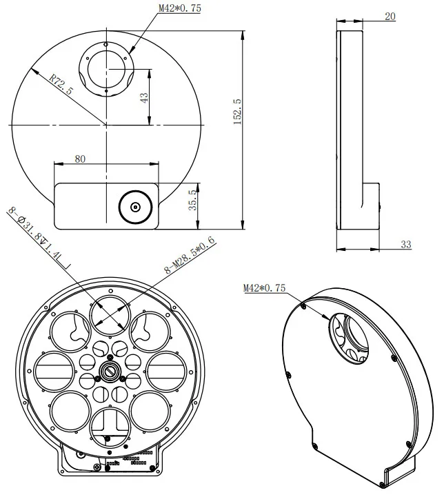 Dessin technique de la roue à filtre ZWO EFW 8 positions zwo_efw_8_01.jpg